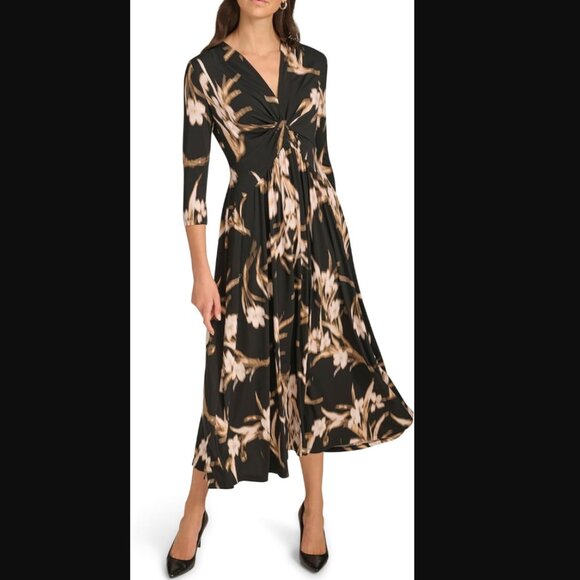 New Calvin Klein size 6 Black Tan Floral Abstract Stretch Knit V Neck Midi Dress - Picture 1 of 12